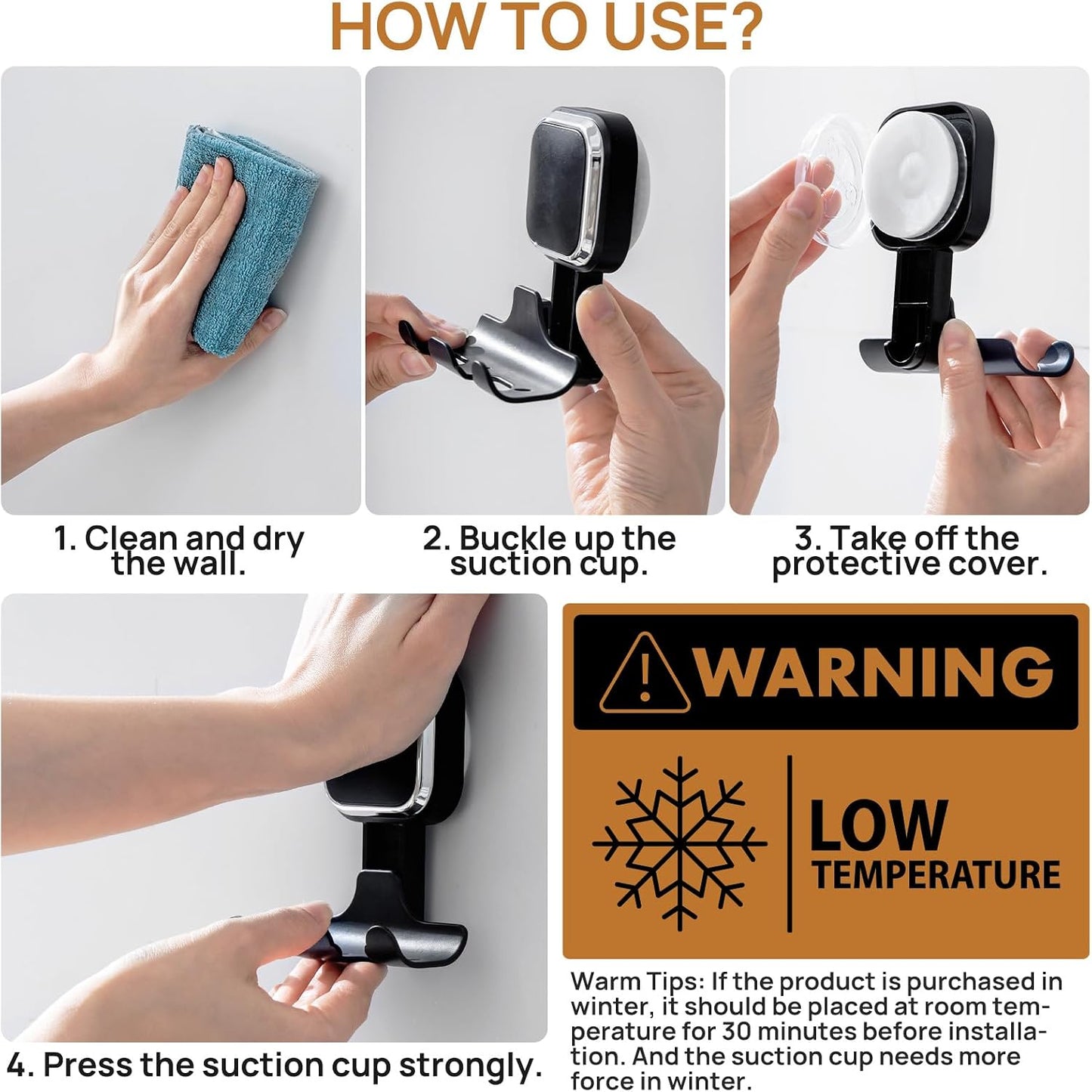 Razor Holder for Shower 2 Pack, Powerful Vacuum Suction Cup Hook for Towel, Loofah, Razor, Squeegee, Damage-Free Wall Shower Hook, Shaver Holder for Bathroom, Easy to Install and Reuse, Black