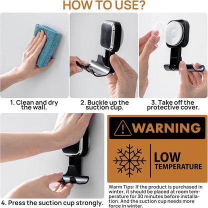 Razor Holder for Shower 2 Pack, Powerful Vacuum Suction Cup Hook for Towel, Loofah, Razor, Squeegee, Damage-Free Wall Shower Hook, Shaver Holder for Bathroom, Easy to Install and Reuse, Black