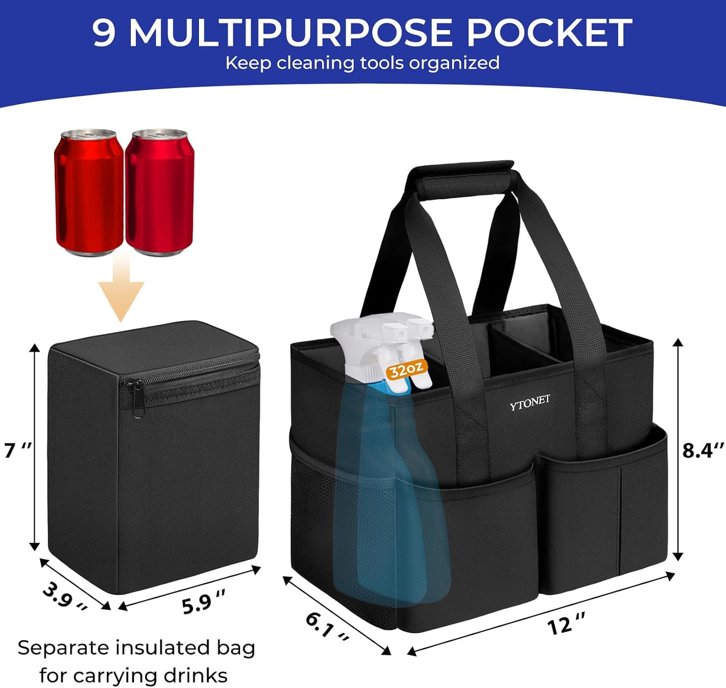 Ytonet Cleaning Caddy, Water Resistant Cleaning Supplies Organizer, Black | With Leakproof Cooler bag, Foldable Divider, Handle, Housekeeping Tote for Cleaners, Kitchen, Bathroom, Car Tool Caddy