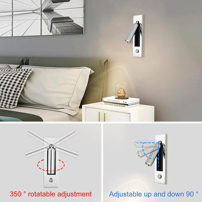 LED Bedroom Lamp Headboard Wall Light Sconce, Bedside Reading Light Recessed Push Switch Wall Lamps, Hotel Bed Side Decorative Wall Sconces Spotlight, 360° Rotatable 92° Foldable (Brass+Black)