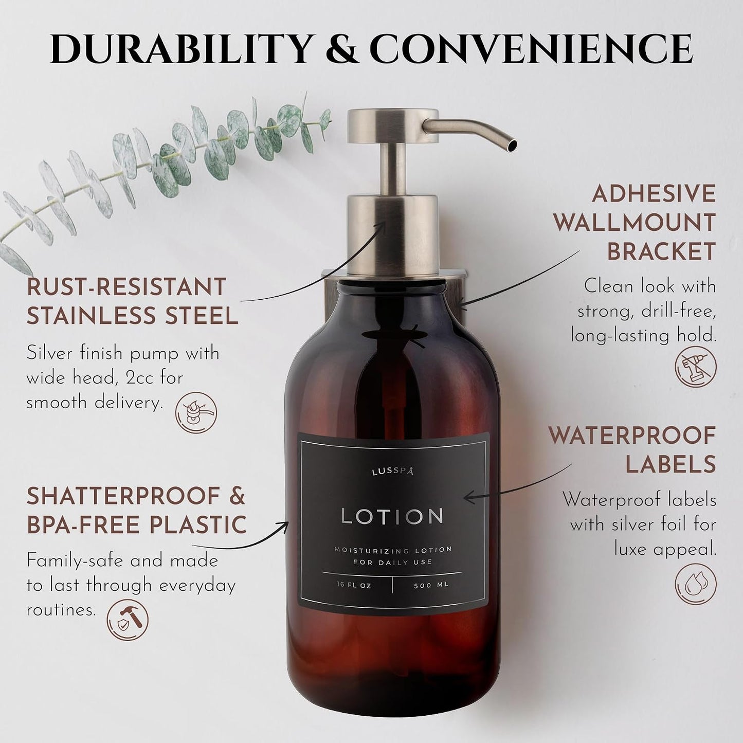 Shower Shampoo Dispenser Wall Mounted – 3 Refillable 16.9 oz Clear Bottles with Stainless Steel Pumps & No-Drill Adhesive Holders – Soap Dispenser Set for Bathroom (3 X Clear/Silver)