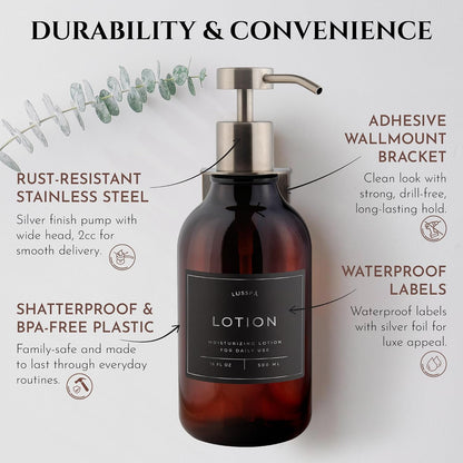 Shower Shampoo Dispenser Wall Mounted – 3 Refillable 16.9 oz Clear Bottles with Stainless Steel Pumps & No-Drill Adhesive Holders – Soap Dispenser Set for Bathroom (3 X Clear/Silver)