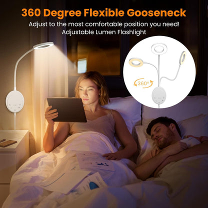 Wall Mounted Reading Light, Bedside Headboard Lights with 5 Color Temperature & 5 Dimming, 360 Flexible Gooseneck, USB Output, Night Light & Timer Function - Perfect for Reading (Black)