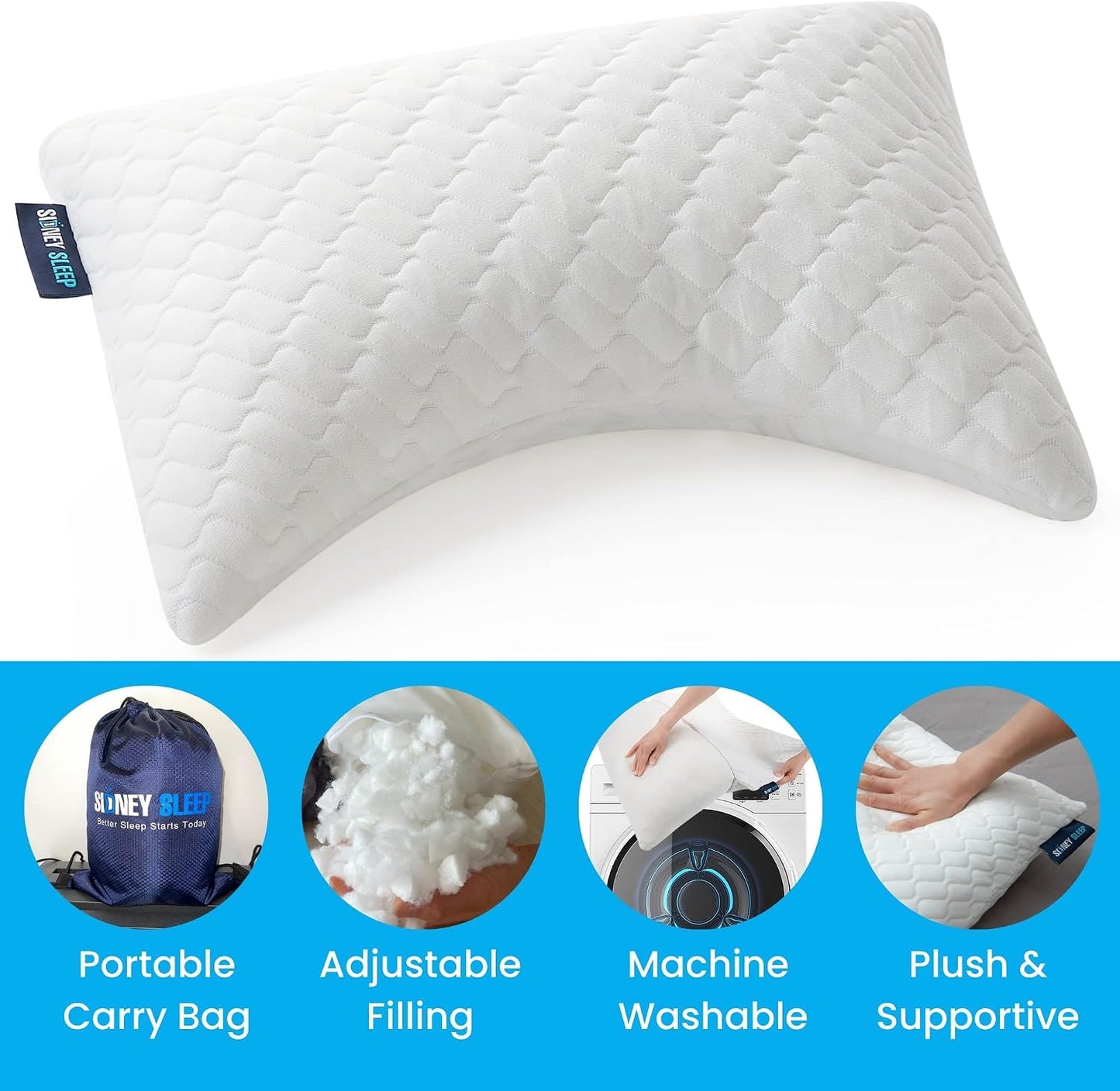 Sidney Sleep Adjustable Curved Pillows for Neck and Shoulder Support with Extra Shredded Fill - Cervical Contour Pillow for Side and Back Sleepers - Queen Size 19" x 29" CertiPUR-US Certified (White)