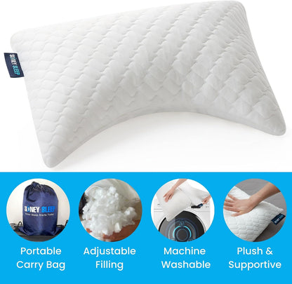 Sidney Sleep Adjustable Curved Pillows for Neck and Shoulder Support with Extra Shredded Fill - Cervical Contour Pillow for Side and Back Sleepers - Queen Size 19" x 29" CertiPUR-US Certified (White)