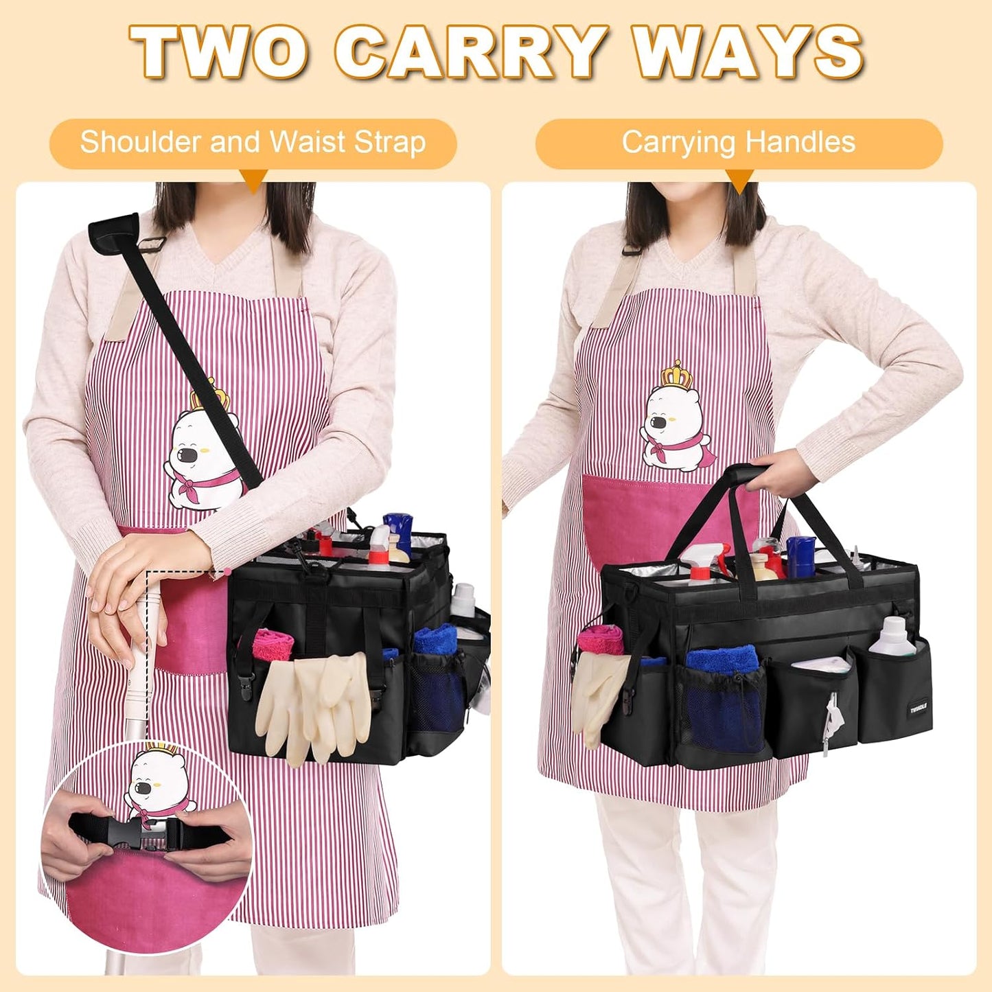 Extra Large Cleaning Caddy Bag with Built-In Support Board, Cleaning Tote Organizer with Removable Divider, Supply Carryall with Adjustable Shoulder Strap and Waist Belt for Cleaners & Housekeeper
