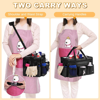 Extra Large Cleaning Caddy Bag with Built-In Support Board, Cleaning Tote Organizer with Removable Divider, Supply Carryall with Adjustable Shoulder Strap and Waist Belt for Cleaners & Housekeeper