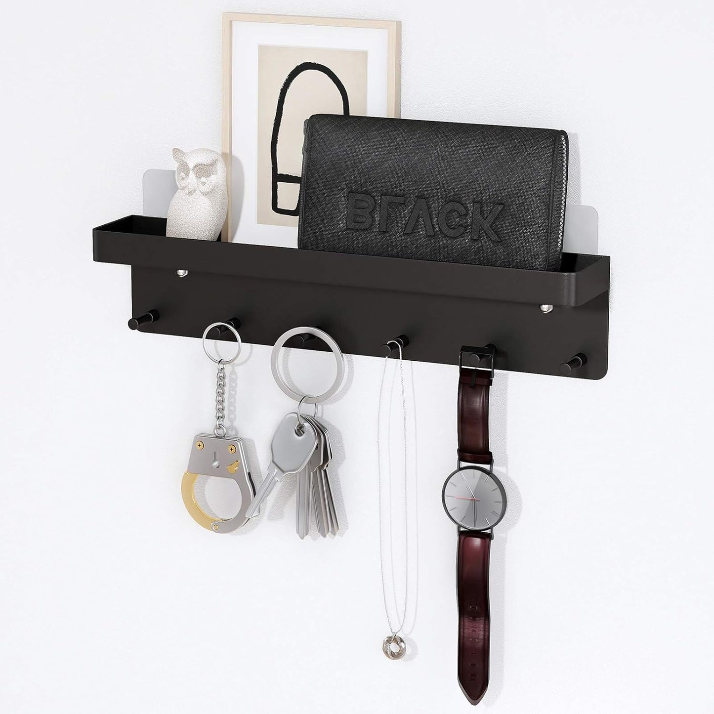 MKO Key Holder Wall Mount, Key Holder Wall Mount Adhesive with Mail Organizer Tray with 6 Key Hooks for Wall, Black | Metal Material, Key Rack with Shelf, Mail Organizer Tray for Entryway, Hallway, Living Room