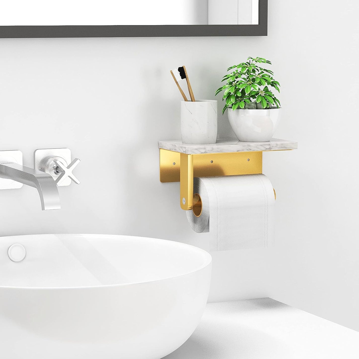 Gypie Marble Toilet Paper Holder with Shelf, Wall Mounted Matte Black | Stainless Steel Tissue Roll Paper Holder Dispenser for Bathroom Washroom