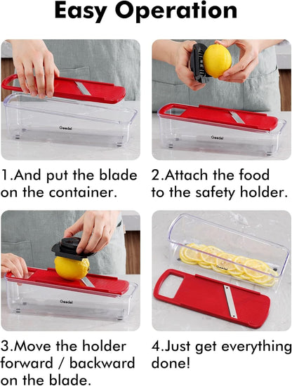Geedel Professional Mandoline Slicer for Kitchen, Multi Purpose Vegetable Slicer Cutter, Vegetable Cutter Onion Cutter for Veggie Fruit Cheese | Slice, Shred & Julienne, Sharp Stainless Steel Blades, Dishwasher Safe, No BPA, Safety Hand Guard, For