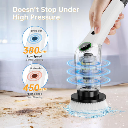PUFTEM Electric Spin Scrubber, Cordless Shower Scrubber, Adjustable Handle | Dual Speed, 8 Replaceable Brush Heads, Adjustable Extension Handle, Battery Level Display, Bathtub, Tile & Floor Cleaning