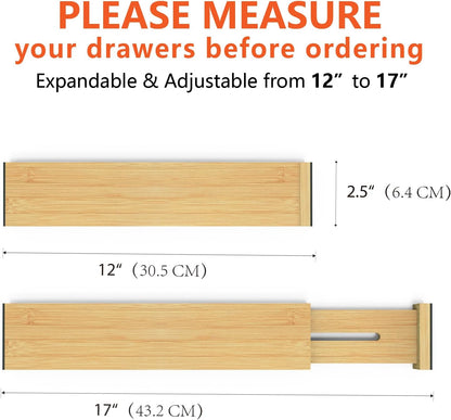 4 Pack Bamboo Drawer Dividers Organizer with Inserts 2.6'' High | Expandable from 12.5-21.7", Adjustable Drawer Organizer Separators for Utensils, Clothing, Office, Dresser, Bedroom, (Beige)
