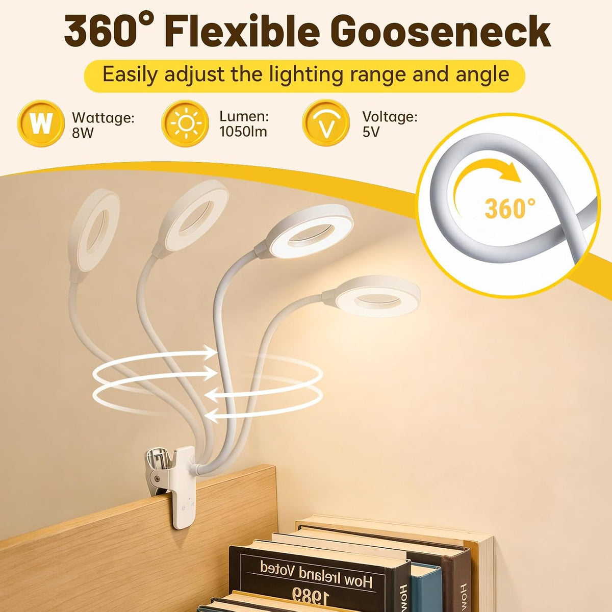 Clip on Reading Light for Bed Headboard, 5 Colors & 5 Brightness, Black