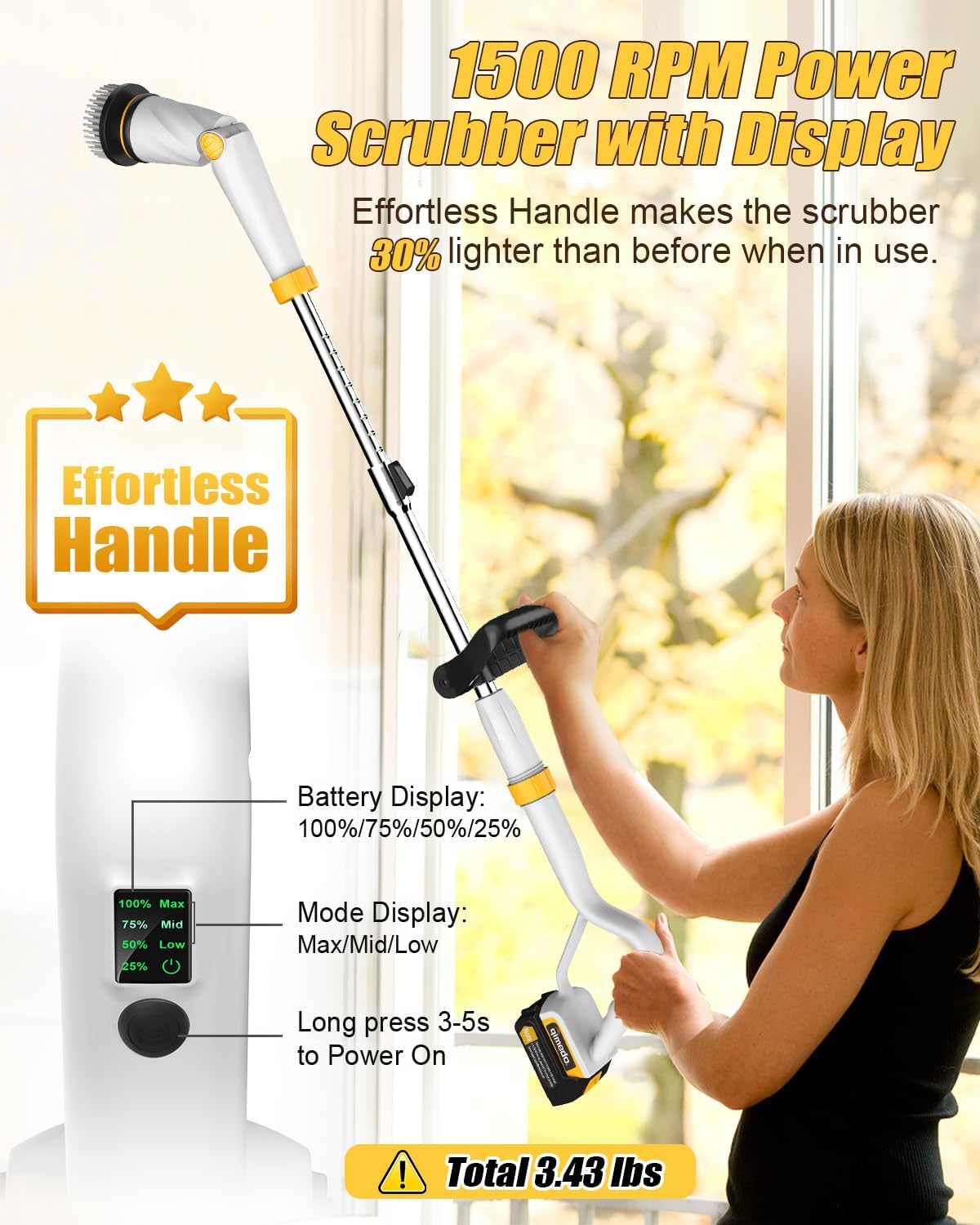 Qimedo 1500 RPM Electric Spin Scrubber with Two Batteries Q2 Pro, Cordless Battery Powered Shower Scrubber,Electric Tile Floor Scrubber with Display for Grout/Tile/Tub (Effortless Handle/8 Brushes)