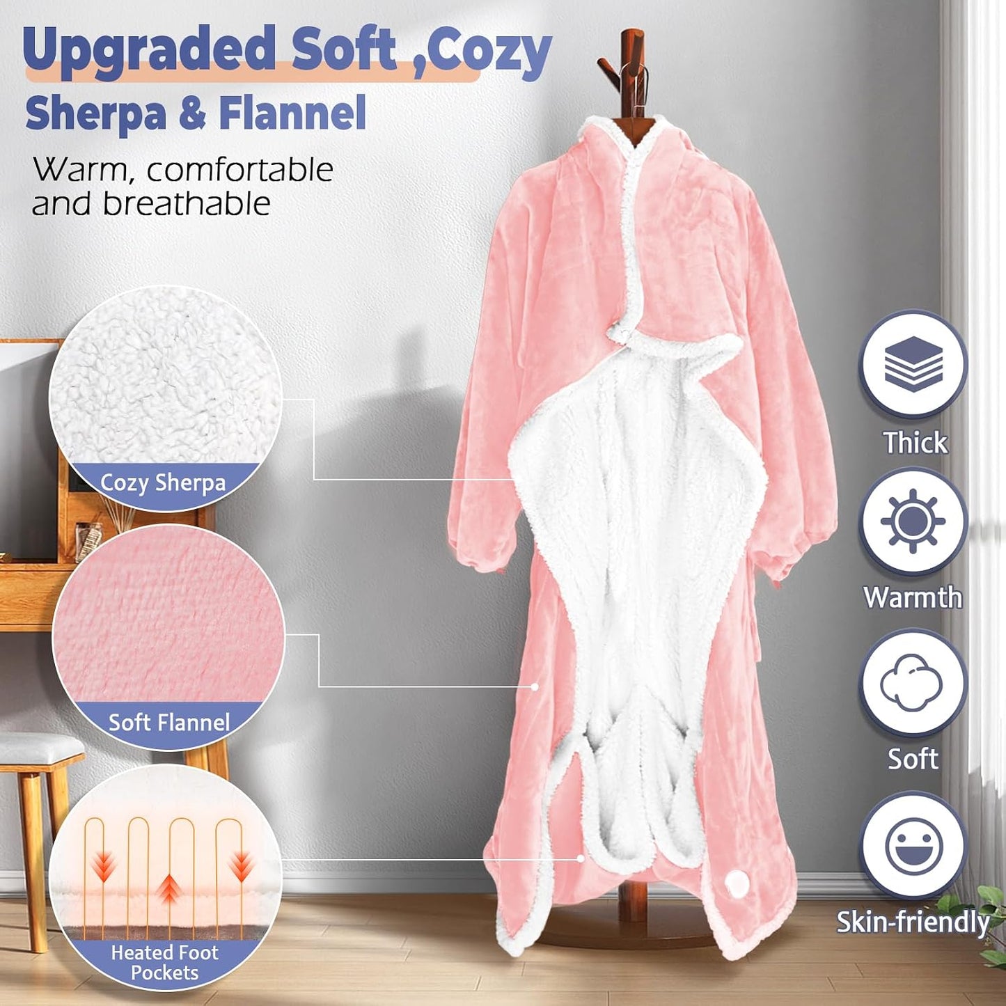 Wearable Heated Blanket with Foot Pocket, Electric Wearable Throw Blanket with Sleeves, Hood, Portable Heated Blanket with 8 Heat Settings, 1-10 Hours Auto Shut-off, Gift for Family, Friends, 50*70"