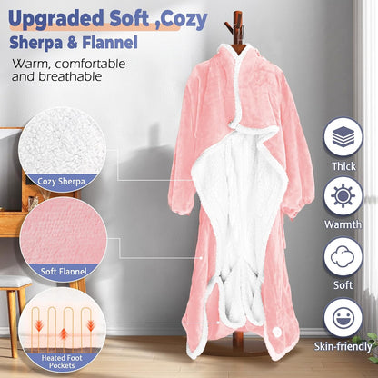 Wearable Heated Blanket with Foot Pocket, Electric Wearable Throw Blanket with Sleeves, Hood, Portable Heated Blanket with 8 Heat Settings, 1-10 Hours Auto Shut-off, Gift for Family, Friends, 50*70"