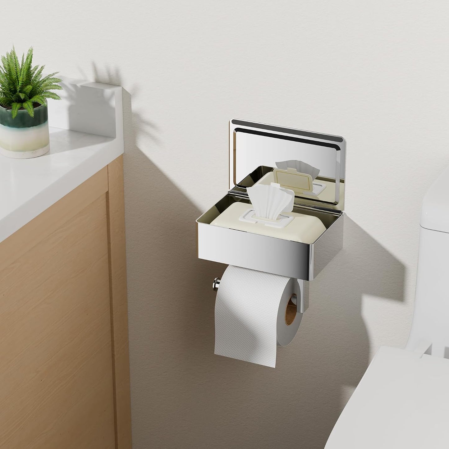 FORIOUS Toilet Paper Holder with Shelf, Wall-Mounted Modern Wipes Dispenser | Brushed Nickel | Toilet Paper Holder with Storage for Bathroom | Fits Wipes, Sanitary Napkin, Tampon | 8.0"x5.3" Large Shelf