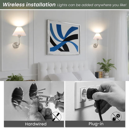 Rechargeable Battery Operated Wall Sconce Sets of 2, 15 Colors Wireless gooseneck Black Wall Lights Fixture with Dimmable Bulbs and Remote, Not Hardwired Wall Mounted Lamps for Bedroom Living Room