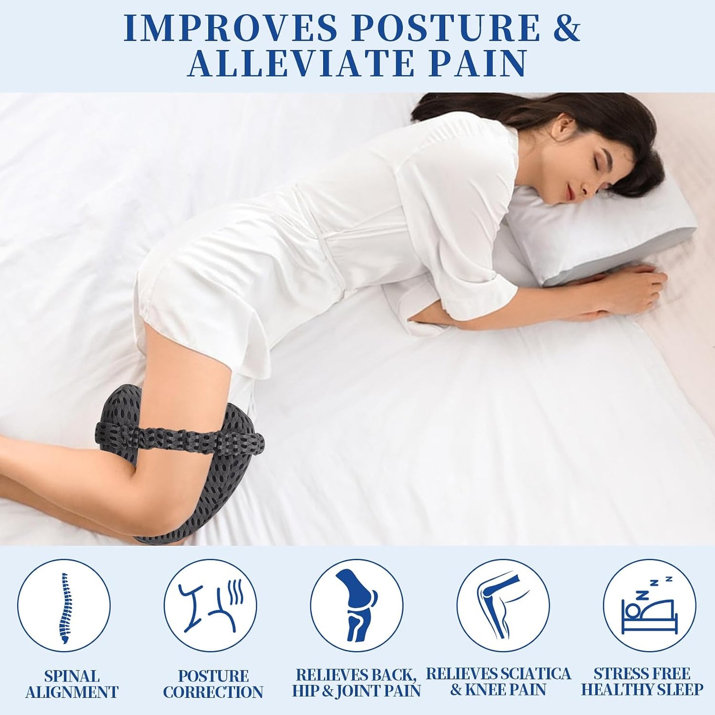 Knee Pillow for Side Sleepers - Sciatica, Hip & Back Pain Relief Pillow with Adjustable Strap, Memory Foam Leg Pillow for Side Sleeping, Spine Alignment Support for Pregnancy, Post-Surgery (Sky Blue)