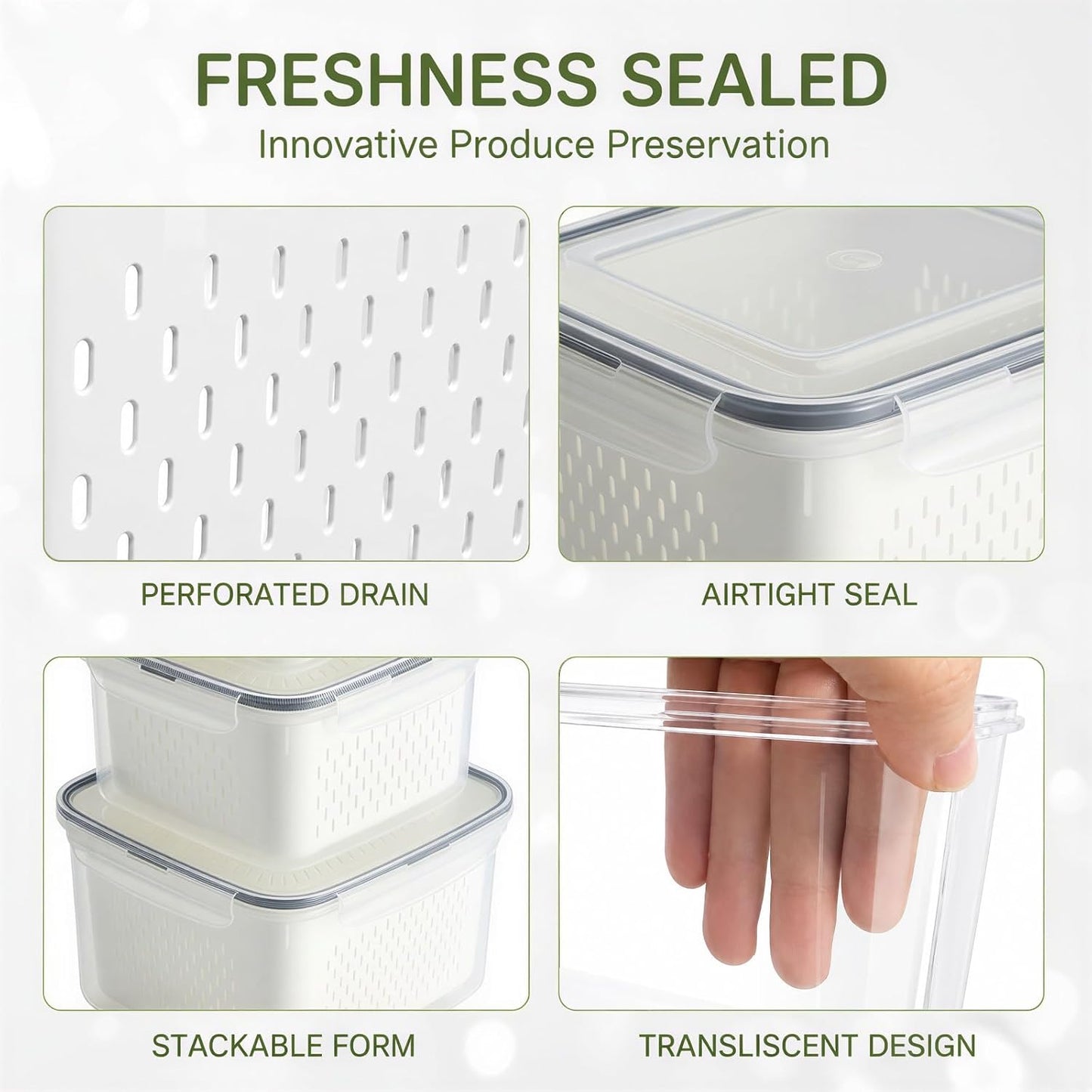 5 Pack Fruit Storage Containers for Fridge, Leakproof Plastic Bins with Removable Drain Colander, Stackable Produce Saver for Fresh Berry Lettuce Vegetable and Meat Storage