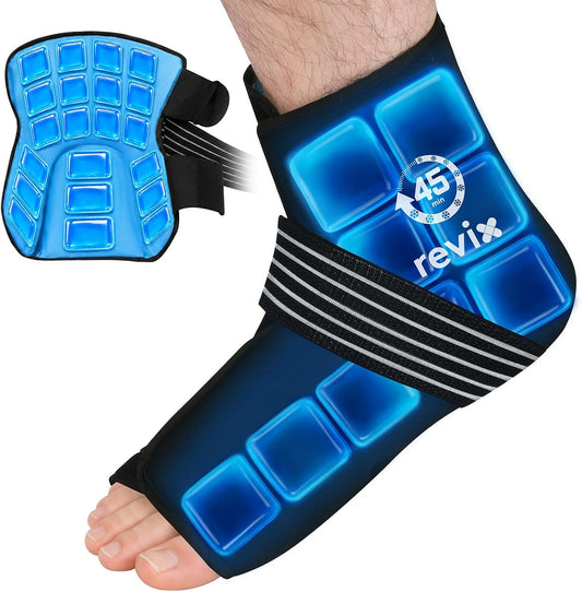 REVIX Foot Ankle Ice Pack Wrap, Gel Ice Packs for Feet Discomfort, 2 Packs | 45-Min Long Lasting Foot Ice Pack Wrap, Full Coverage Ankle Ice Wrap for Post-Workout Recovery, Plantar Fasciitis, Heel Spur