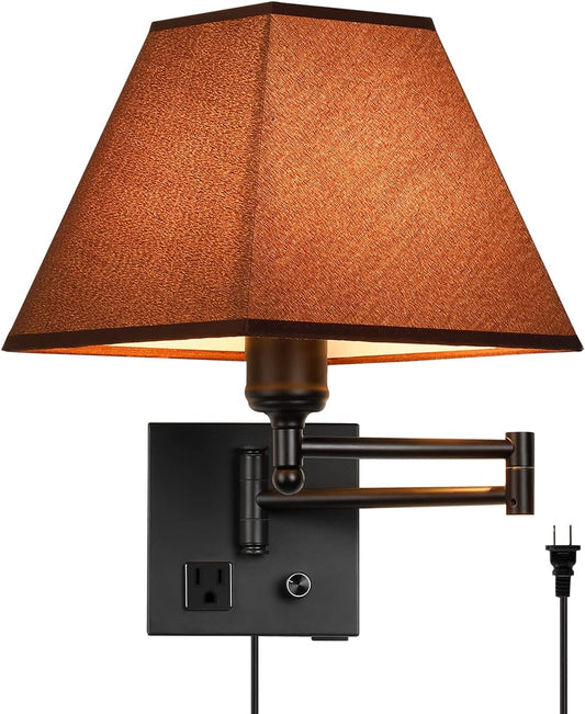 Wall Mounted Lamp Plug in Wall Sconce with Dimmable Switch Swing Arm Wall Lamp Whire Fabric Shade with USB Port Gold Wall Sconce Suitable for Hallway Bedroom Living Room…