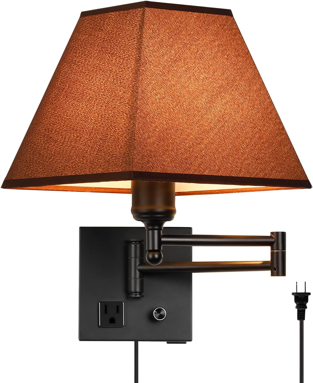 Wall Mounted Lamp Plug in Wall Sconce with Dimmable Switch Swing Arm Wall Lamp Whire Fabric Shade with USB Port Gold Wall Sconce Suitable for Hallway Bedroom Living Room…