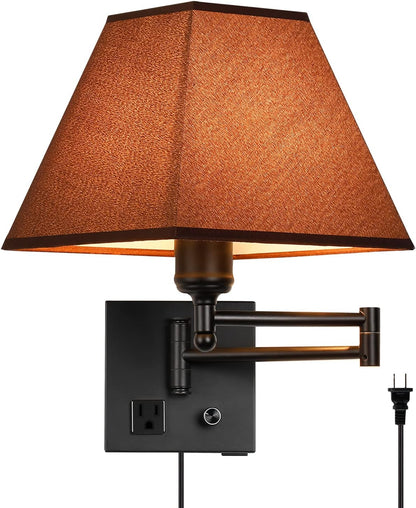 Wall Mounted Lamp Plug in Wall Sconce with Dimmable Switch Swing Arm Wall Lamp Whire Fabric Shade with USB Port Gold Wall Sconce Suitable for Hallway Bedroom Living Room…