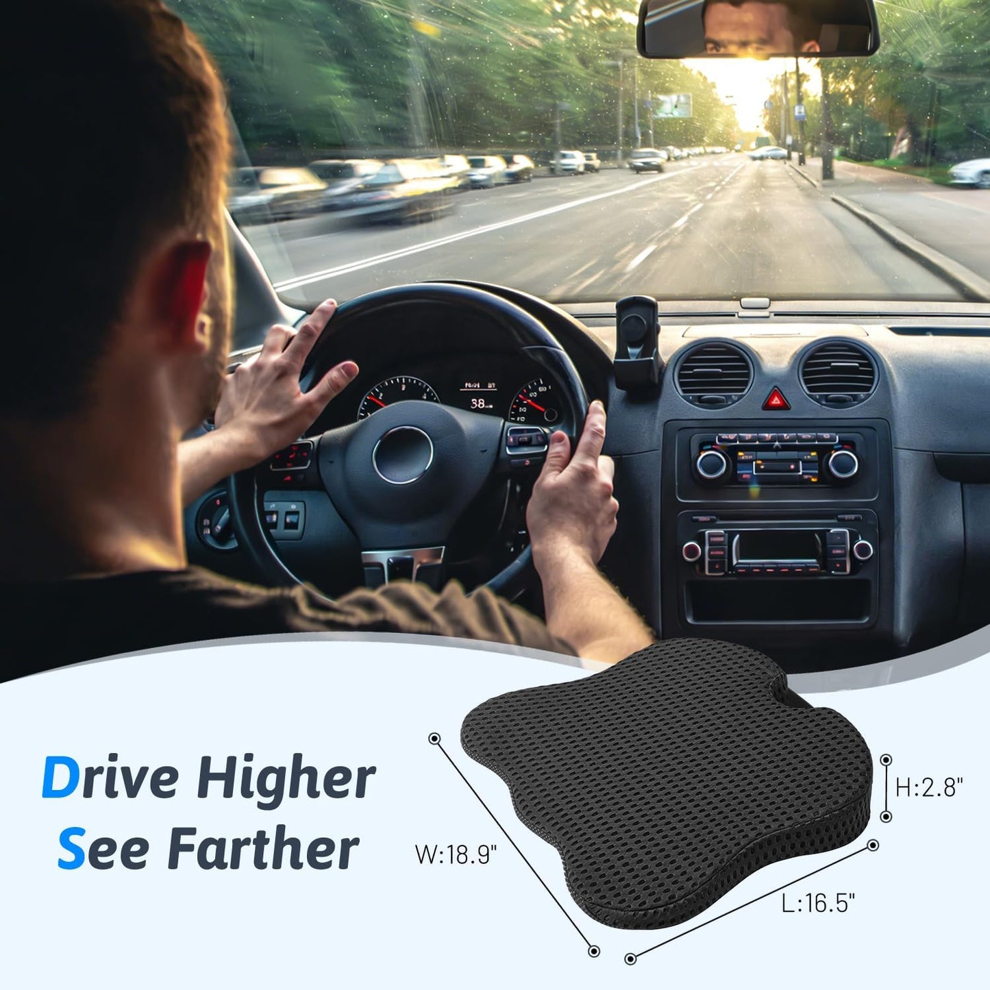 Wedge Car Seat Cushion for Better Visibility & Sciatica Pain Relief | High Density Memory Foam, Non-Slip Ergonomic Car Seat Cushion for Driving, Universal Fit for Car, SUV,Truck & Tractor