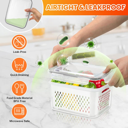 8 Pieces Fruit Storage Containers for Fridge with Lids and Strainer | 4Pack Fruit Containers for Fridge, Fresh Produce Saver Keeper for Vegetable Fruit Salad, BPA Free Organizer for Refrigerator
