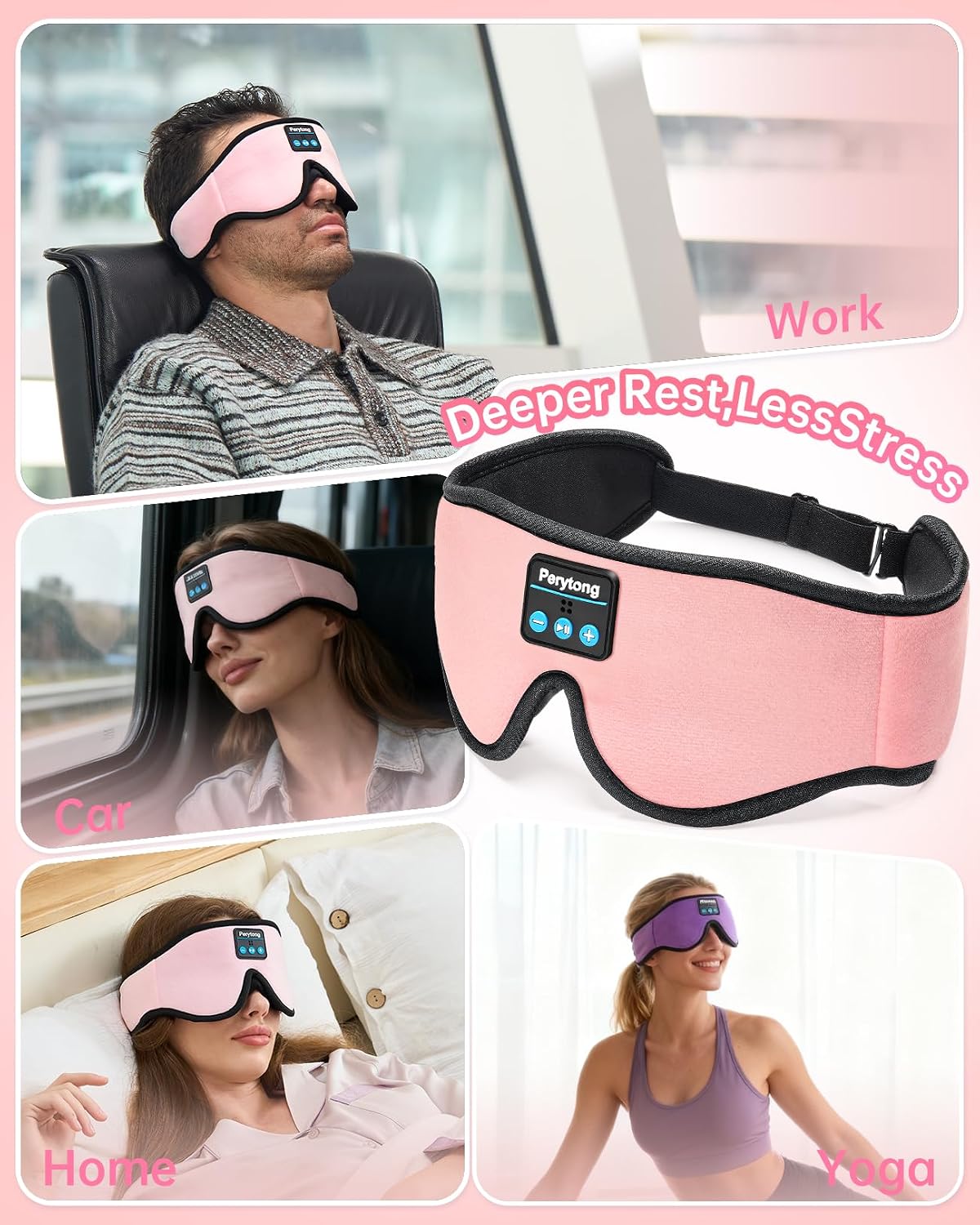 Perytong Sleep Mask with Bluetooth 5.4 Headphones, Wireless Music Sleep Eye Mask for Side Sleepers, 3D Contoured Comfort & Built-in HD Stereo Earphones, Blackout for Travel (Peach Pink)