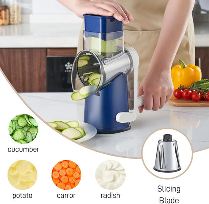 Weltonhm 4 in 1 Large Rotary Cheese Grater Hand Crank (black, 3 Graters) | Cheese Shredder Rotary and Slicer with 4 Stainless Steel Blades for Vegetables, Veggie and Cheese, Stronger Suction Base