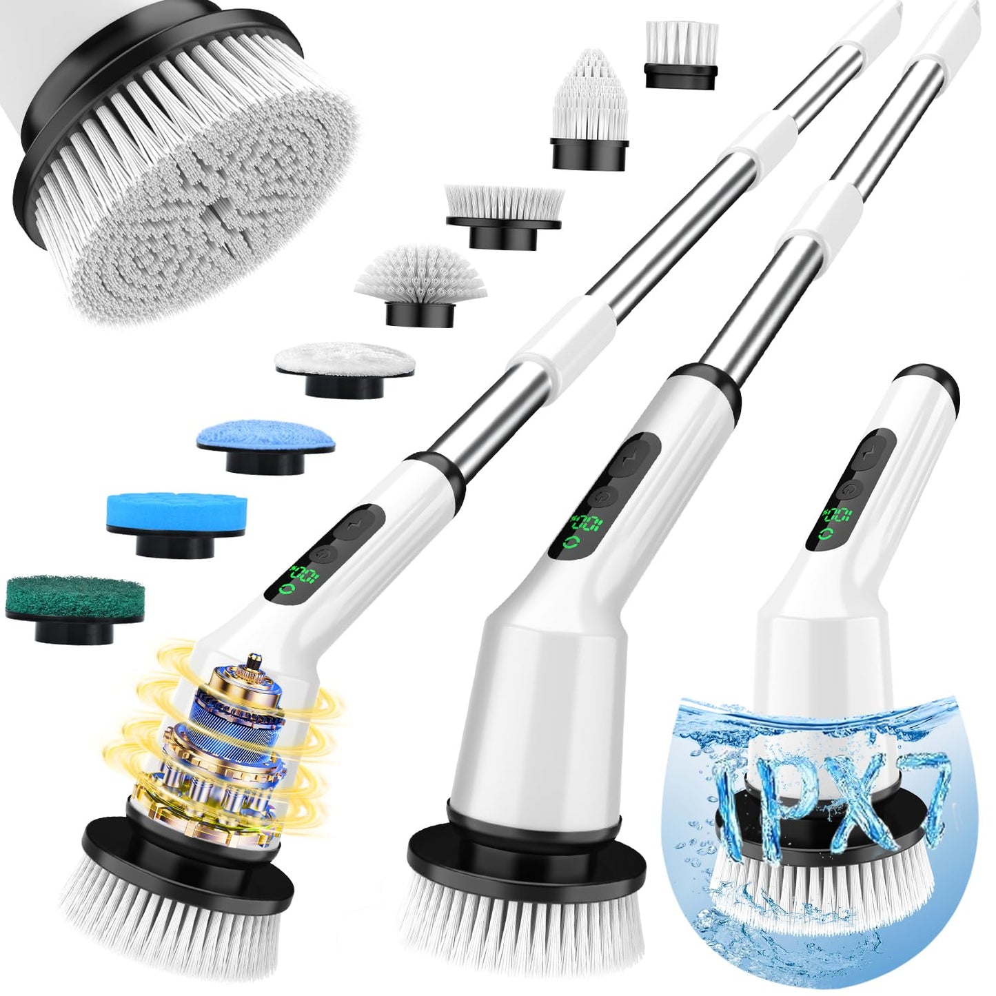 Electric Spin Scrubber for Bathroom, Shower Scrubber with Long Handle | Shower Cleaner Brushes, IPX7 Waterproof & 2 Speed, 3 Brush Heads, 90min Runtime, Bathroom Cleaning Supplies for Toilet Tub