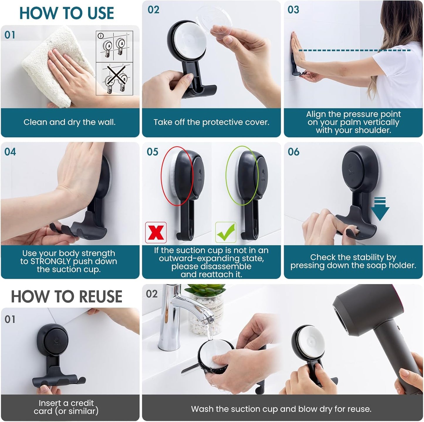 TAILI No Drill Powerful Suction Cup Razor Holder for Shower 2 Pack, Black | Waterproof, Towel, Loofah, Shaver Holder for Shower Wall, Powerful Suction Cup Hooks for Bathroom, Easy to Install and Reuse