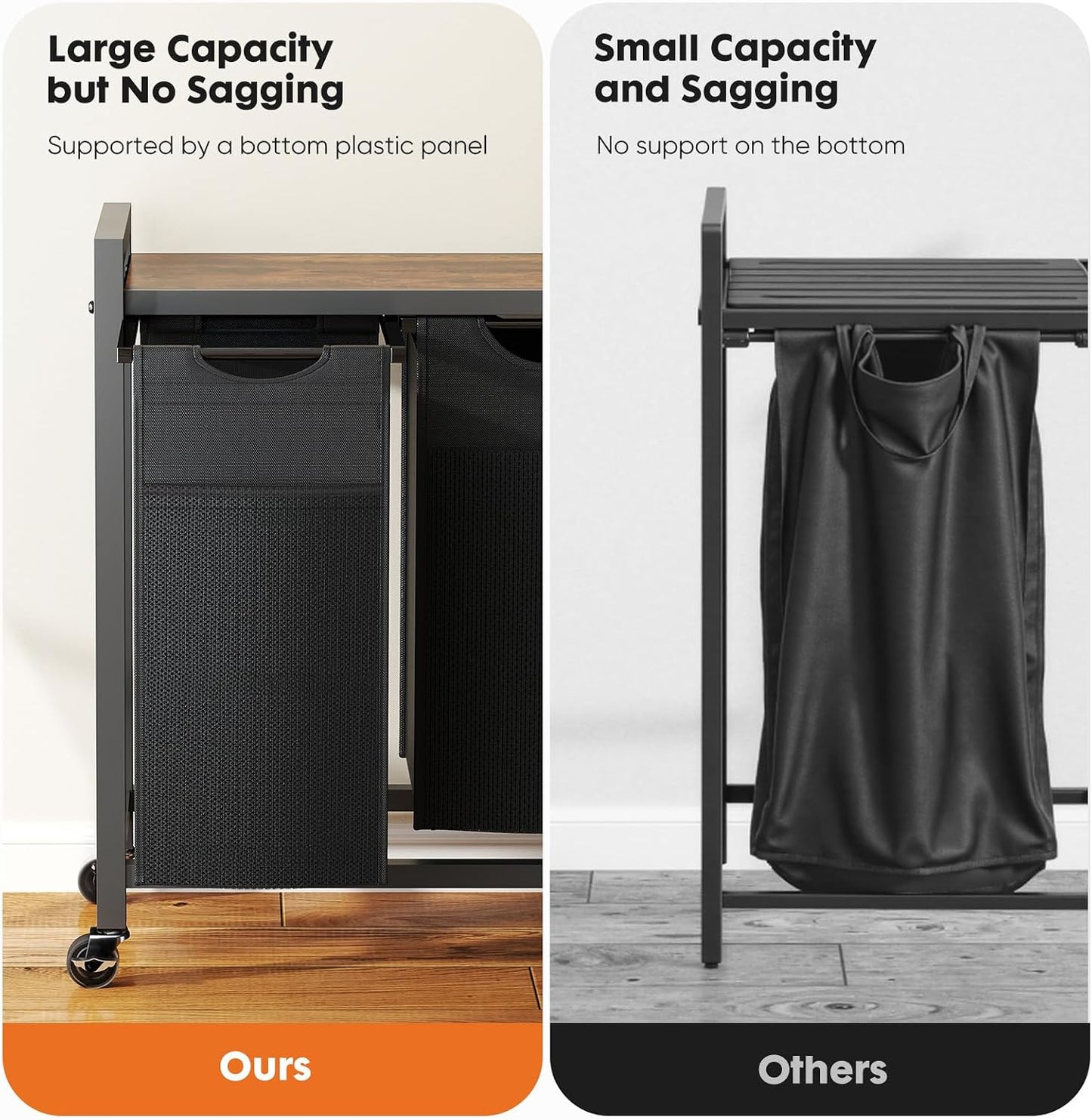 NEWBULIG Laundry Hamper Sorter with Wheels, Rolling Laundry Basket with Shelf & Removable Pull-Out Bag, Dirty Clothes Hamper for Room Organizer, 3 x 10.6 Gal (120L) - Rustic Brown and Black