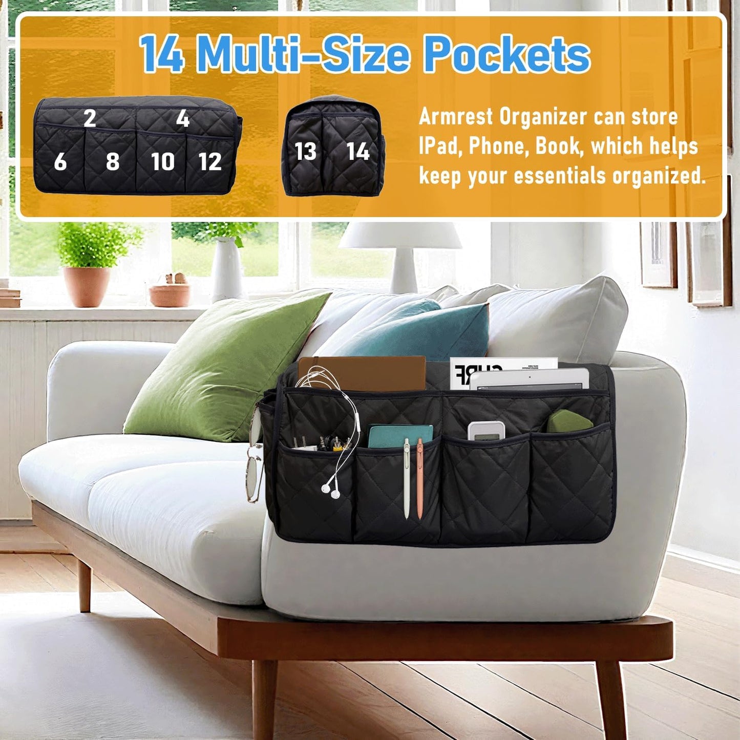 Armchair Caddy, Remote Control Holder for Recliners, Sofa Armrest Organizer, Non Slip Recliner Organizer, Couch Caddy with 14 Pockets Storage for TV Remote, Phone, Magazine (Brown)