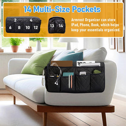 Armchair Caddy, Remote Control Holder for Recliners, Sofa Armrest Organizer, Non Slip Recliner Organizer, Couch Caddy with 14 Pockets Storage for TV Remote, Phone, Magazine (Brown)