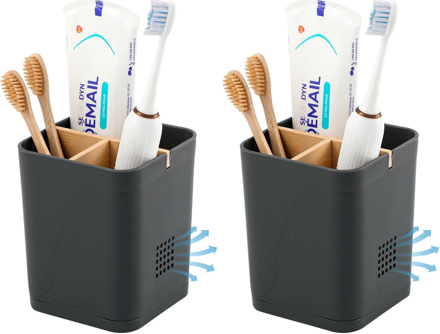 Electric Toothbrush Holder Tooth Brush and Toothpaste Organizer, Black | 3 Slots, Drainage Holes, Removable Bamboo Divider, Ventilation Design, Space-Saving, for Bathroom Countertop, Shower, Vanity