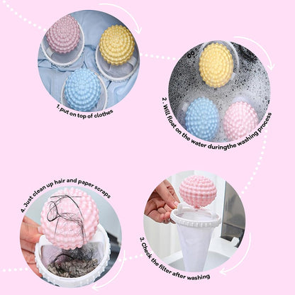 3-Pack Pet Hair Remover for Laundry, Floating Mesh Washing Machine Catchers | Reusable floating mesh catchers help collect loose pet hair and lint during washing; includes yellow, pink and blue pieces.