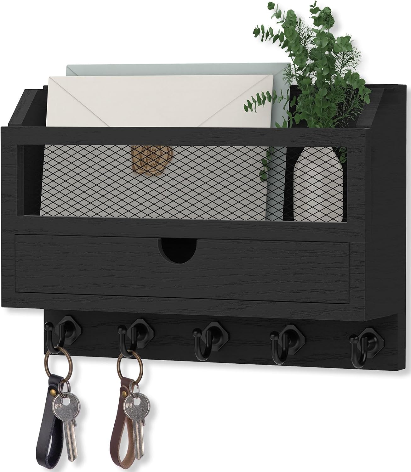 Nekon Key and Mail Holder for Wall, Key Organizer with Drawer, White | 11"W x 7.9"H x 3.1"D Wooden Key Rack with 5 Hooks, Mail Organizer for Home Decor
