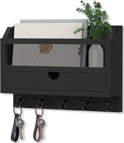 Nekon Key and Mail Holder for Wall, Key Organizer with Drawer, White | 11"W x 7.9"H x 3.1"D Wooden Key Rack with 5 Hooks, Mail Organizer for Home Decor
