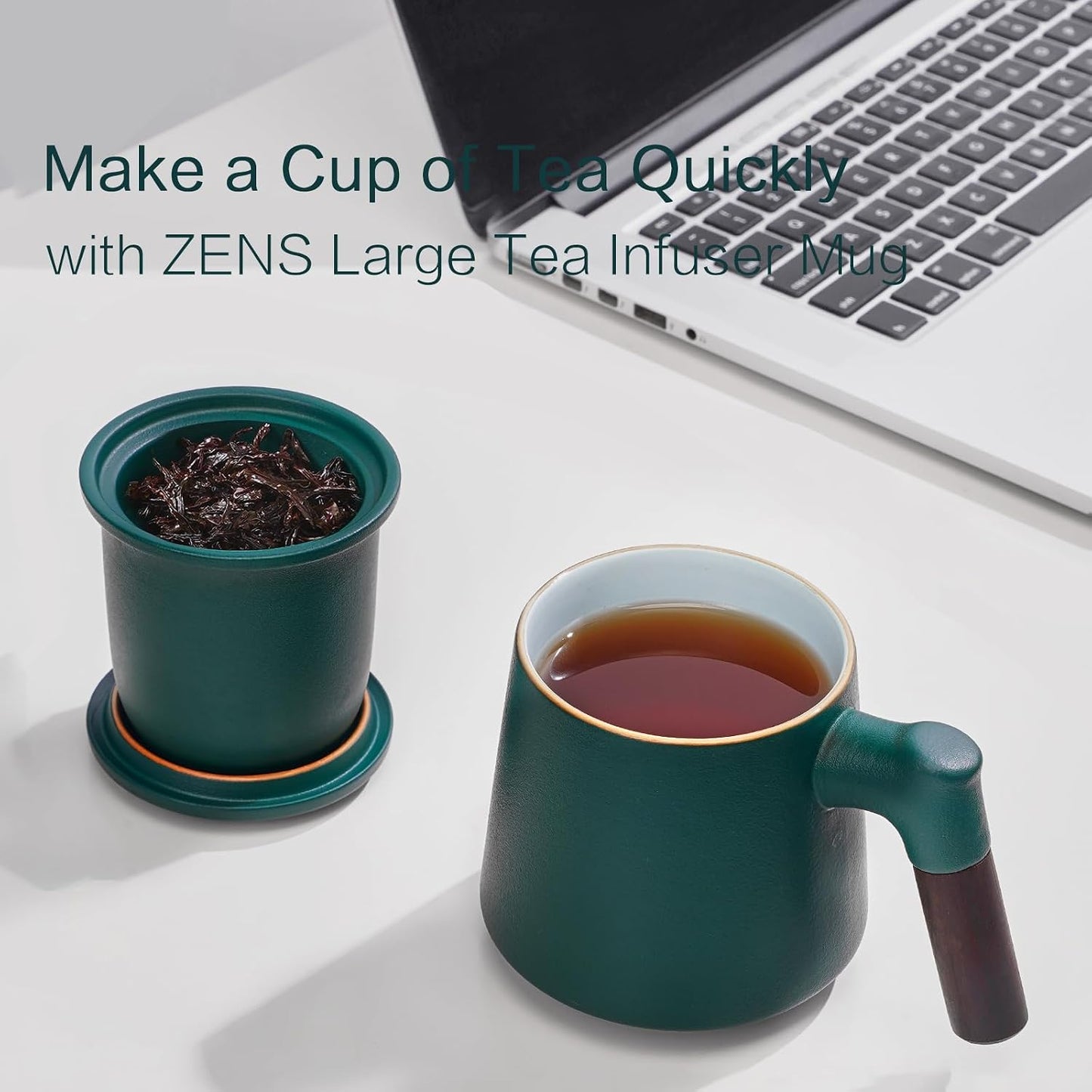 ZENS Tea Cup with Infuser and Lid & Coaster for Tea Steeper, 15oz Blue | Embossed Ceramic Tea Infuser Mug for Loose Leaf Tea Difussers, Tea Lovers Gifts, Nature Wood Handle