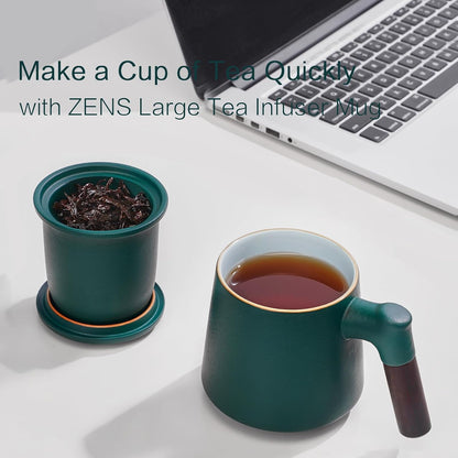 ZENS Tea Cup with Infuser and Lid & Coaster for Tea Steeper, 15oz Blue | Embossed Ceramic Tea Infuser Mug for Loose Leaf Tea Difussers, Tea Lovers Gifts, Nature Wood Handle