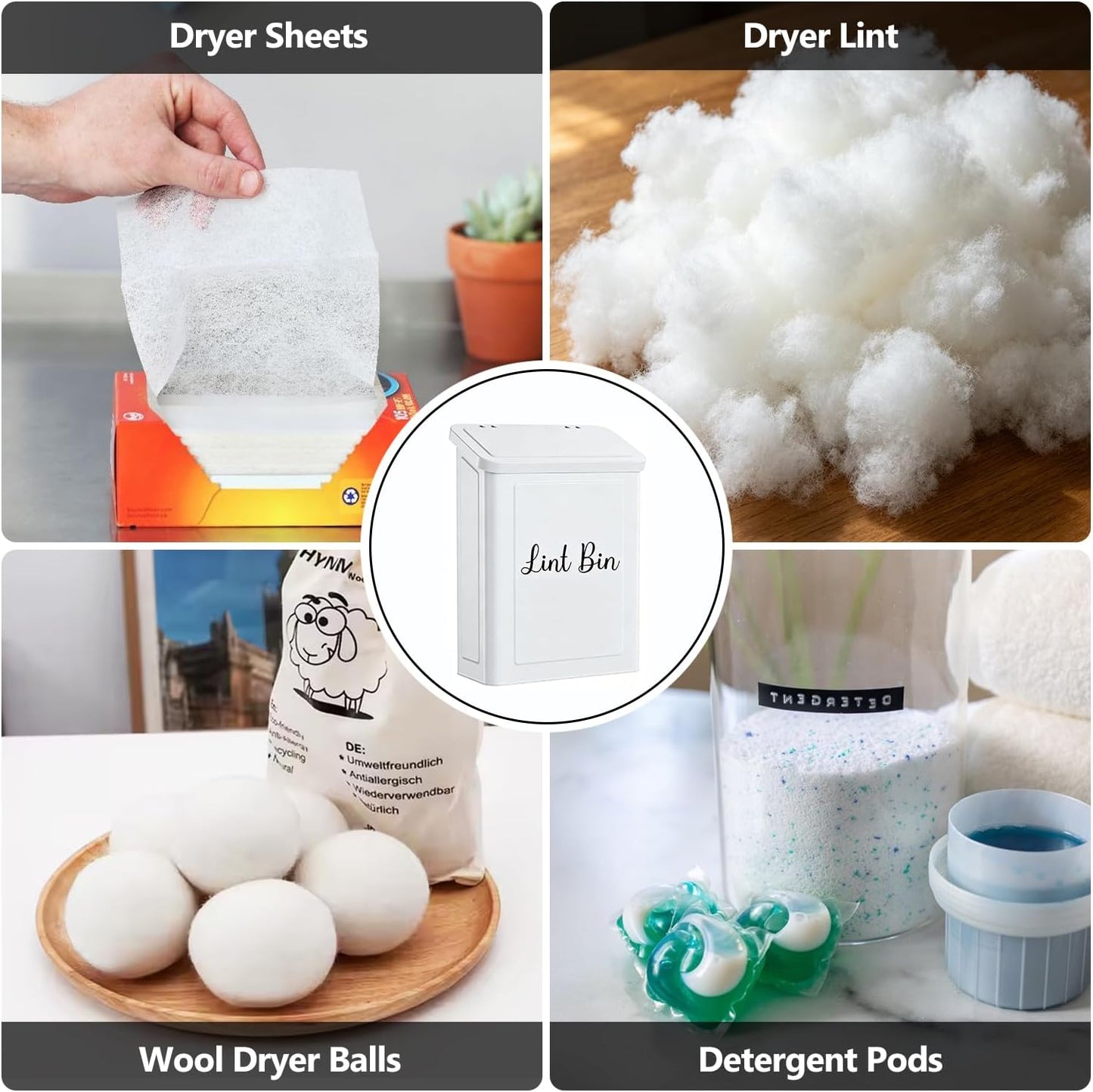 Magnetic Lint Bin for Laundry Room- Wall Mounted Metal Lint Box Holder Trash Can with Dryer Lint Brush, Laundry Room Organization and Storage Decor White