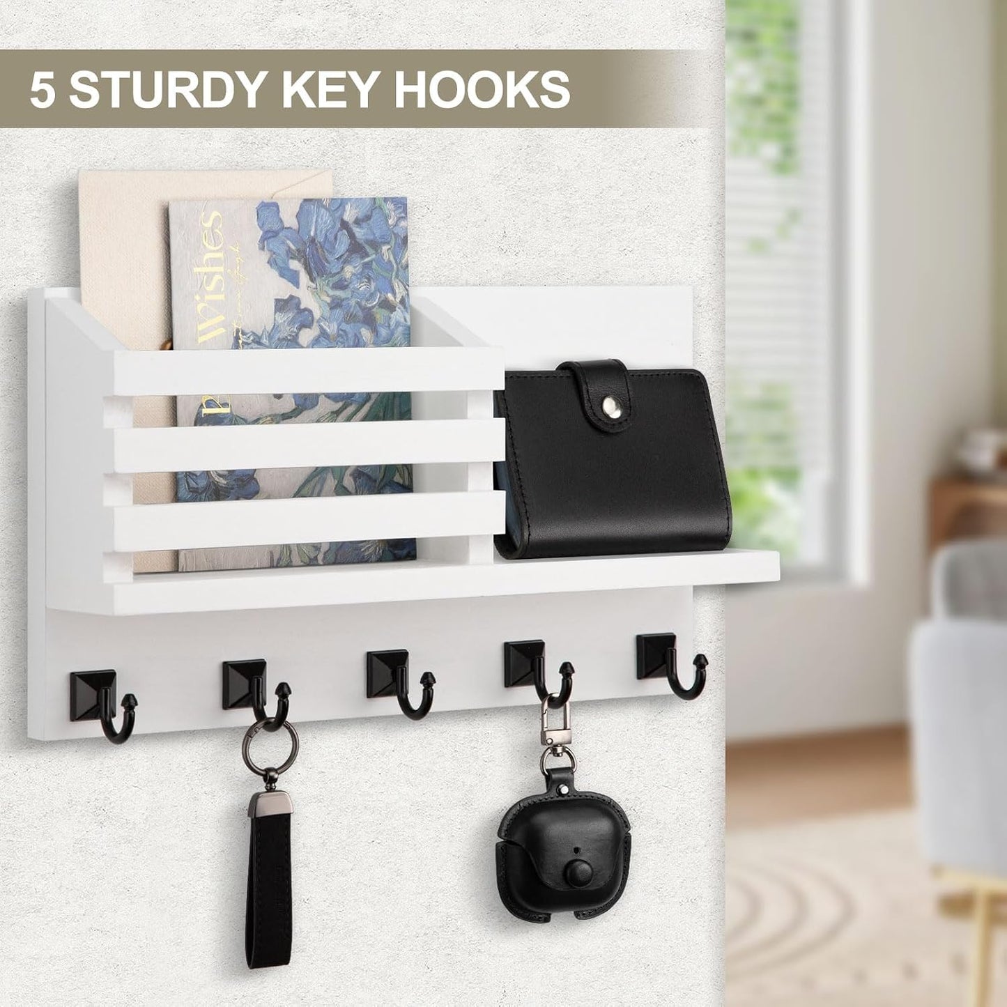 Key Holder Wall Mount, Mail Organizer for Wall with 5 Square Key Hooks | Key Holder for Wall, Key Holder with Shelf Farmhouse Home Decor for Home Entryway