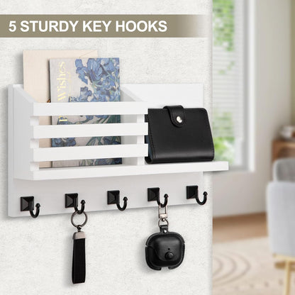 Key Holder Wall Mount, Mail Organizer for Wall with 5 Square Key Hooks | Key Holder for Wall, Key Holder with Shelf Farmhouse Home Decor for Home Entryway