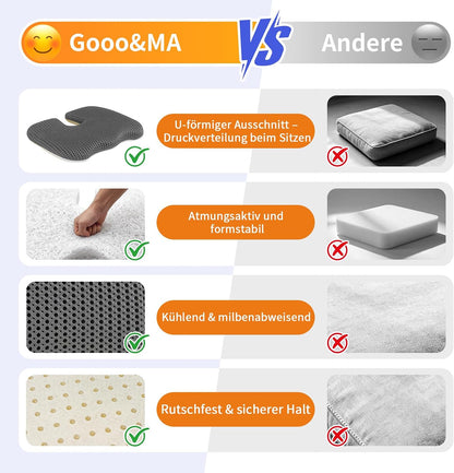 Gooo&Ma Air Fiber Seat Cushion, U-Shape Tailbone Comfort, Black | Thin design for office/car, breathable air fiber cooling, ergonomic, washable, non-slip, portable, 17.7"x13.8"x1.6"