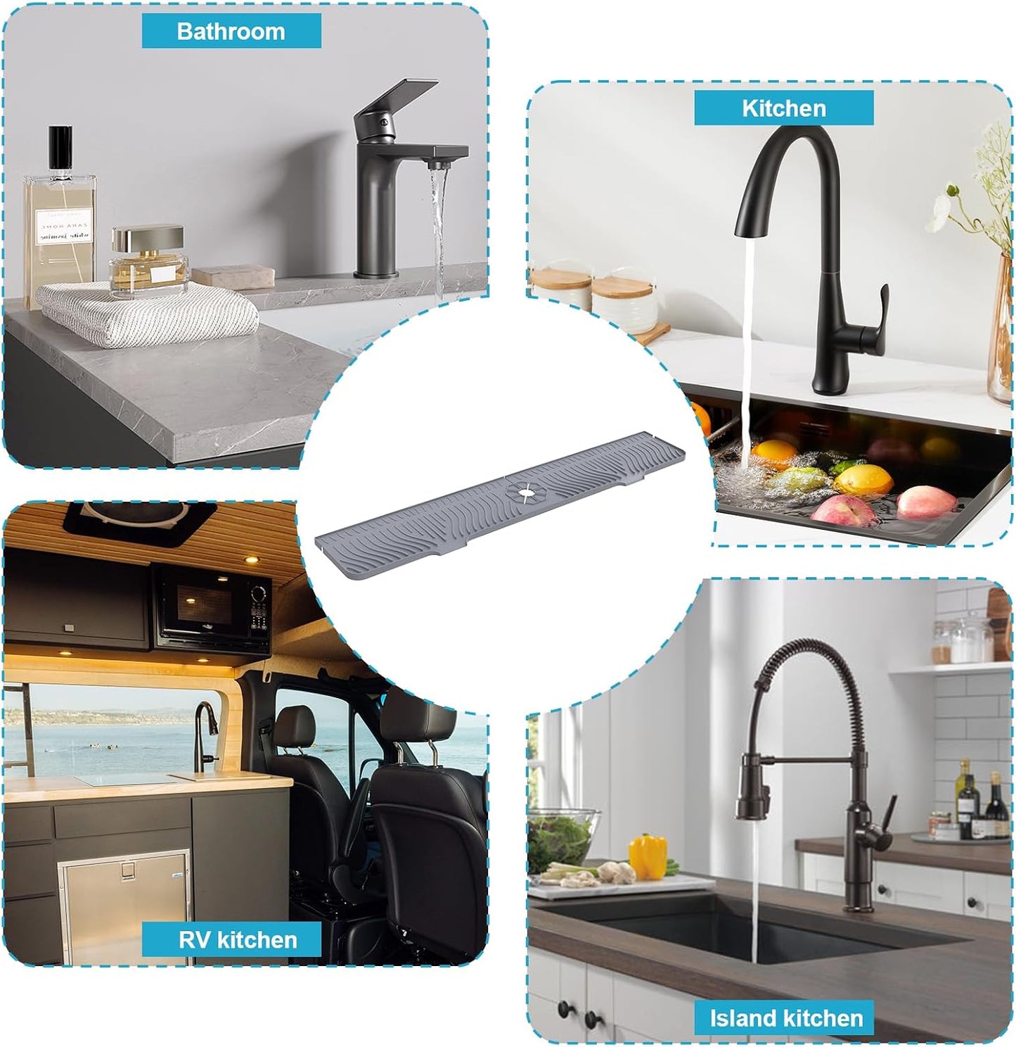 Derlights 33 inch Sink Splash Guard Mat, Silicone Faucet Handle Drip Catcher Tray, Longer Silicone Sink Mat for KitchenBathroom, Drip Protector Splash Countertop (Gray)