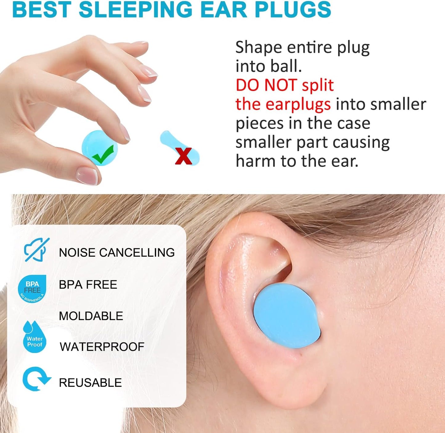 Ear Plugs for Sleeping, Waterproof Moldable Silicone EarPlugs for Sleeping Noise Cancelling, Mowing, Swimming and Concerts, 8 Pair (16 Count)