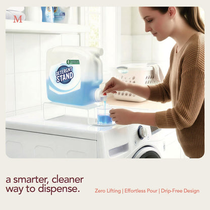 Laundry Detergent Holder Riser (Pack of 2) Clear Acrylic Stand for Laundry Room with Cap Drip Tray, Fits Most Large Detergent Bottles